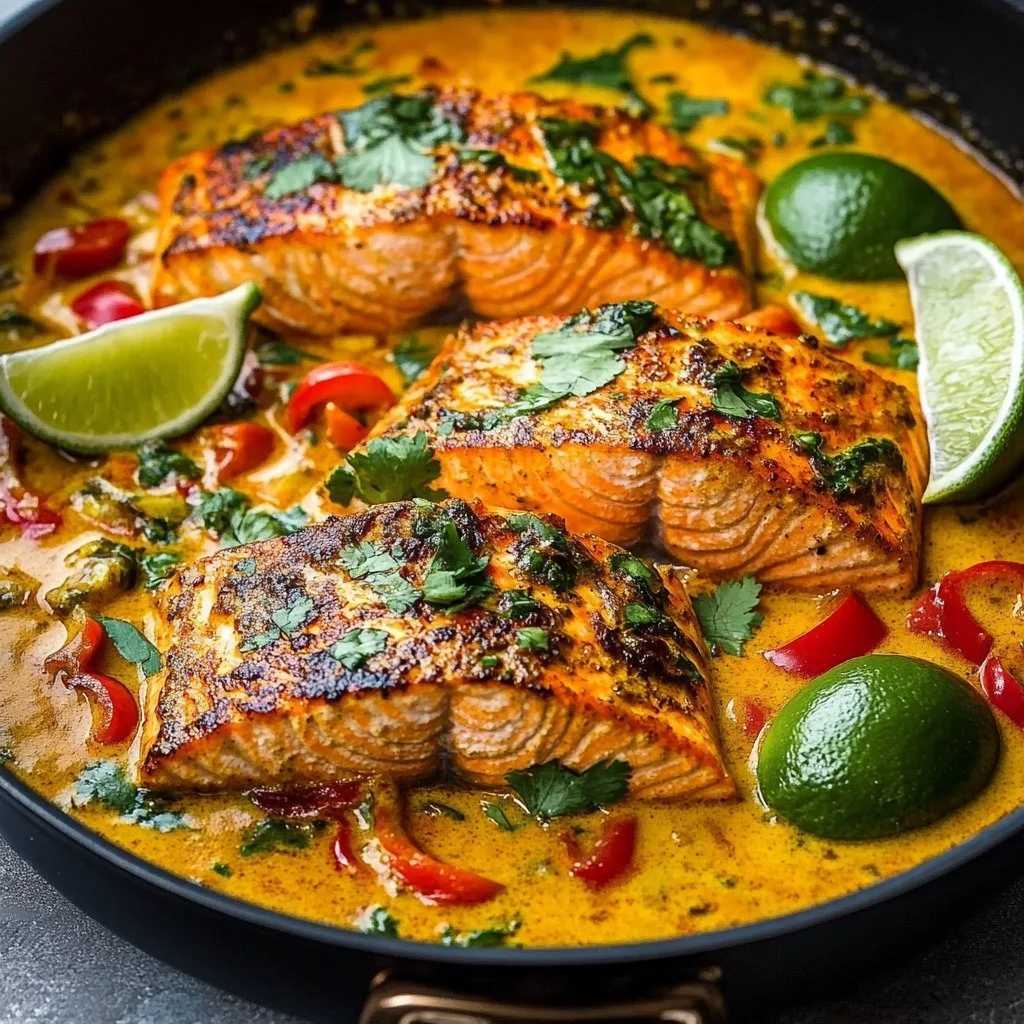 Kokosnuss-Curry-Lachs serviert mit frischen Kräutern und Beilagen aus der Karibik.