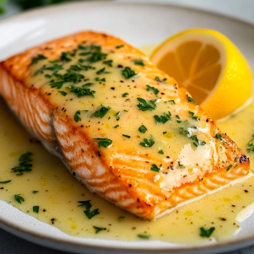 Lachs im Ofen mit cremiger Zitronen-Knoblauch-Sauce auf einem Teller
