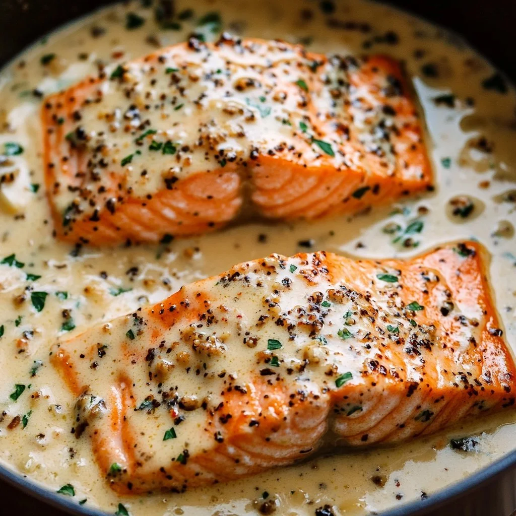 Lachs in cremiger Parmesansoße auf einem Teller serviert.