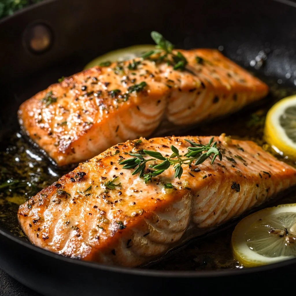 Lachs mit Honig und Knoblauch auf einem Teller serviert