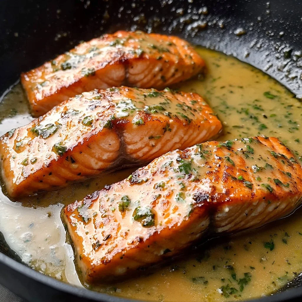 Lachsfilet mit Knoblauch-Butter-Sauce auf einem Teller angerichtet.