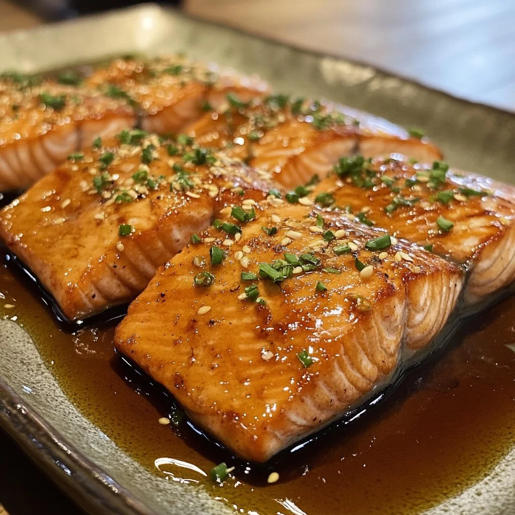 Lachsfilet mit Teriyaki-Sauce auf einem Teller serviert.