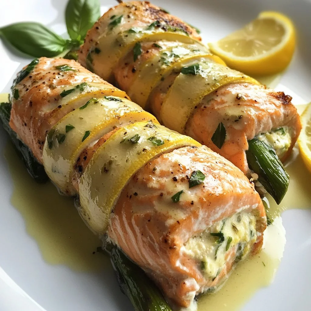 Lachs-Röllchen mit Ricotta und Spargelfüllung auf einem Teller