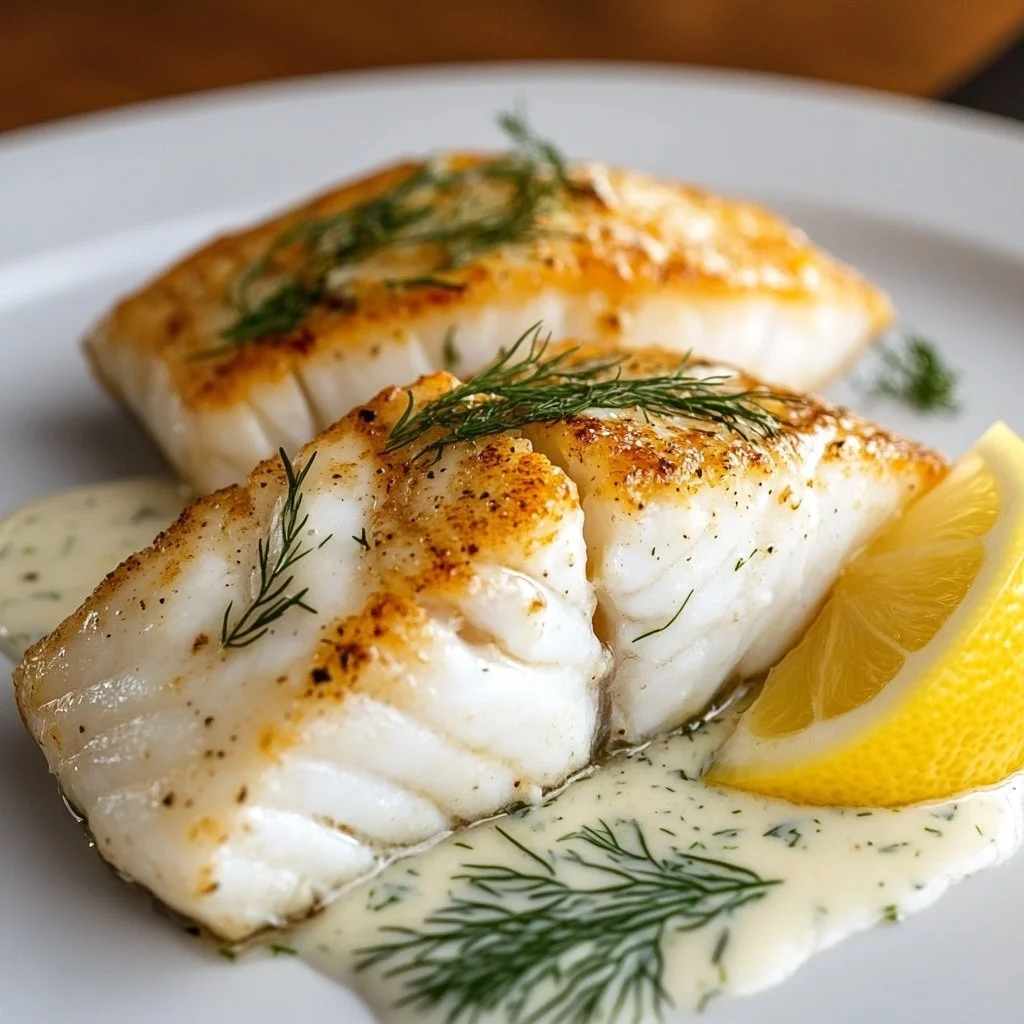 Ofen-Bacalao mit Zitronen-Dill-Sauce auf einem Teller serviert