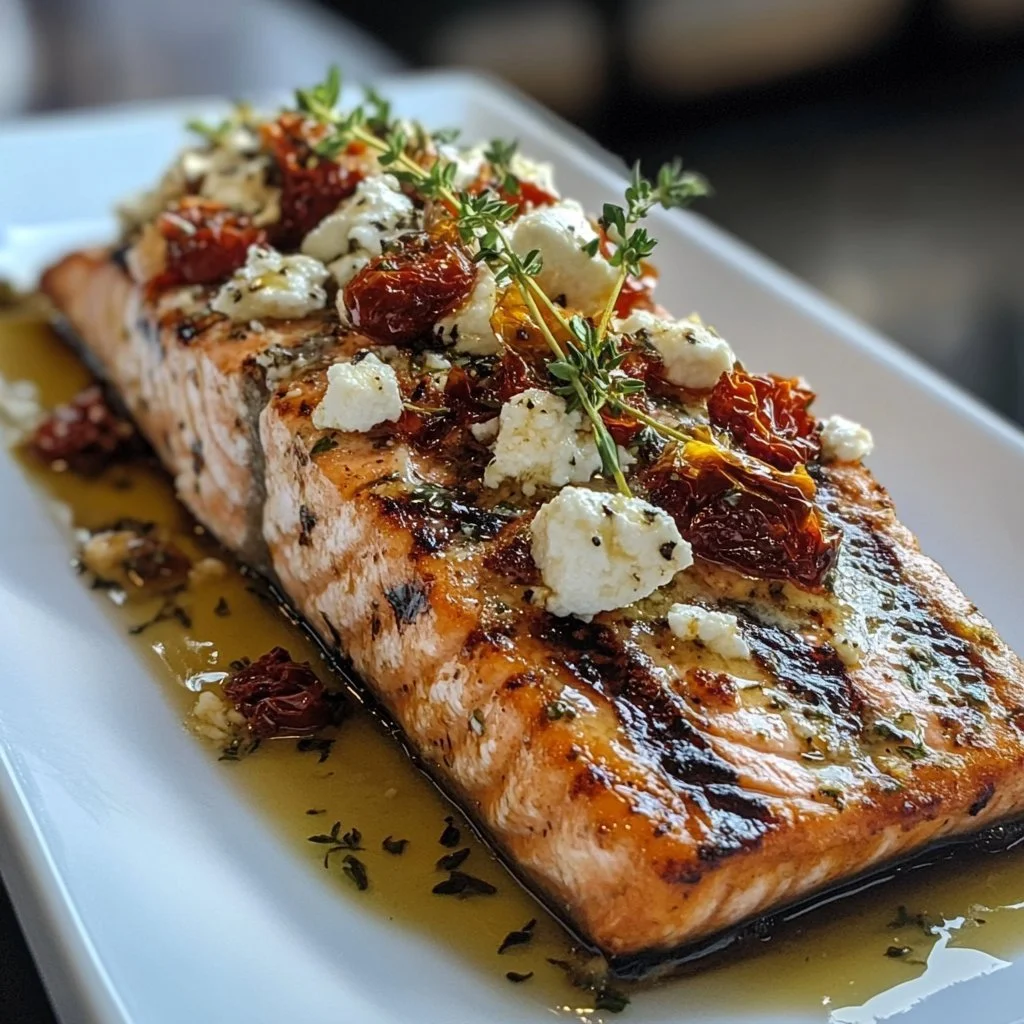 Mediterraner Ofenlachs mit Feta-Käse und getrockneten Tomaten auf einem Teller