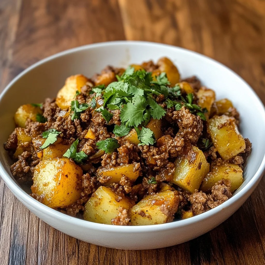 Mexikanisches Picadillo Gericht mit Kartoffeln auf einem Teller serviert.