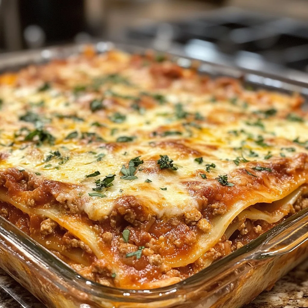 Saftige Millionen-Dollar-Lasagne frisch aus dem Ofen, lecker und appetitlich angerichtet.