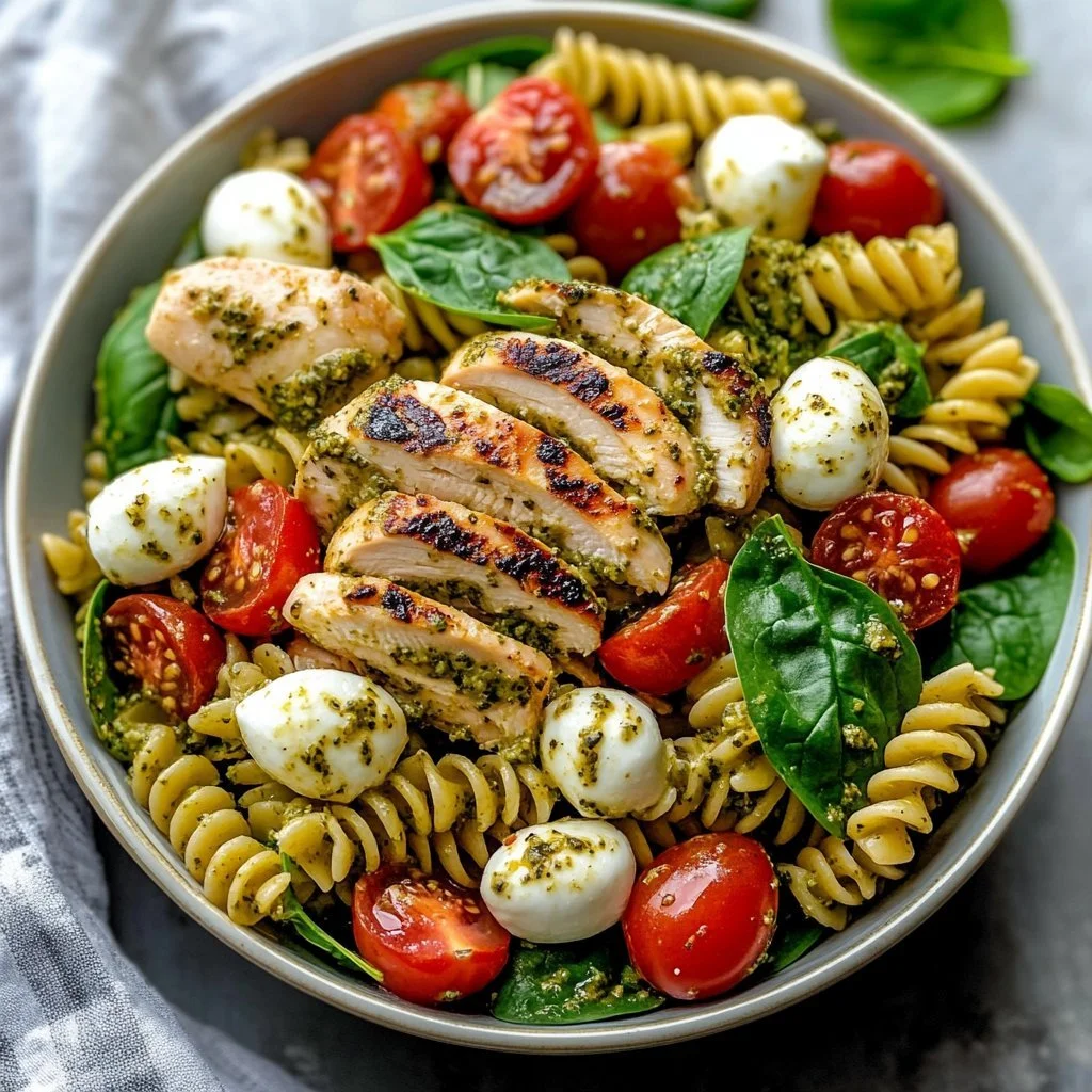 Nudelsalat mit Huhn und Pesto auf einem Teller angerichtet