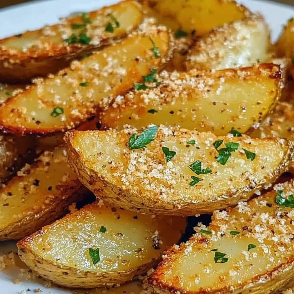 Ofengeschmackte Kartoffeln mit Knoblauch und Käse aus dem Ofen