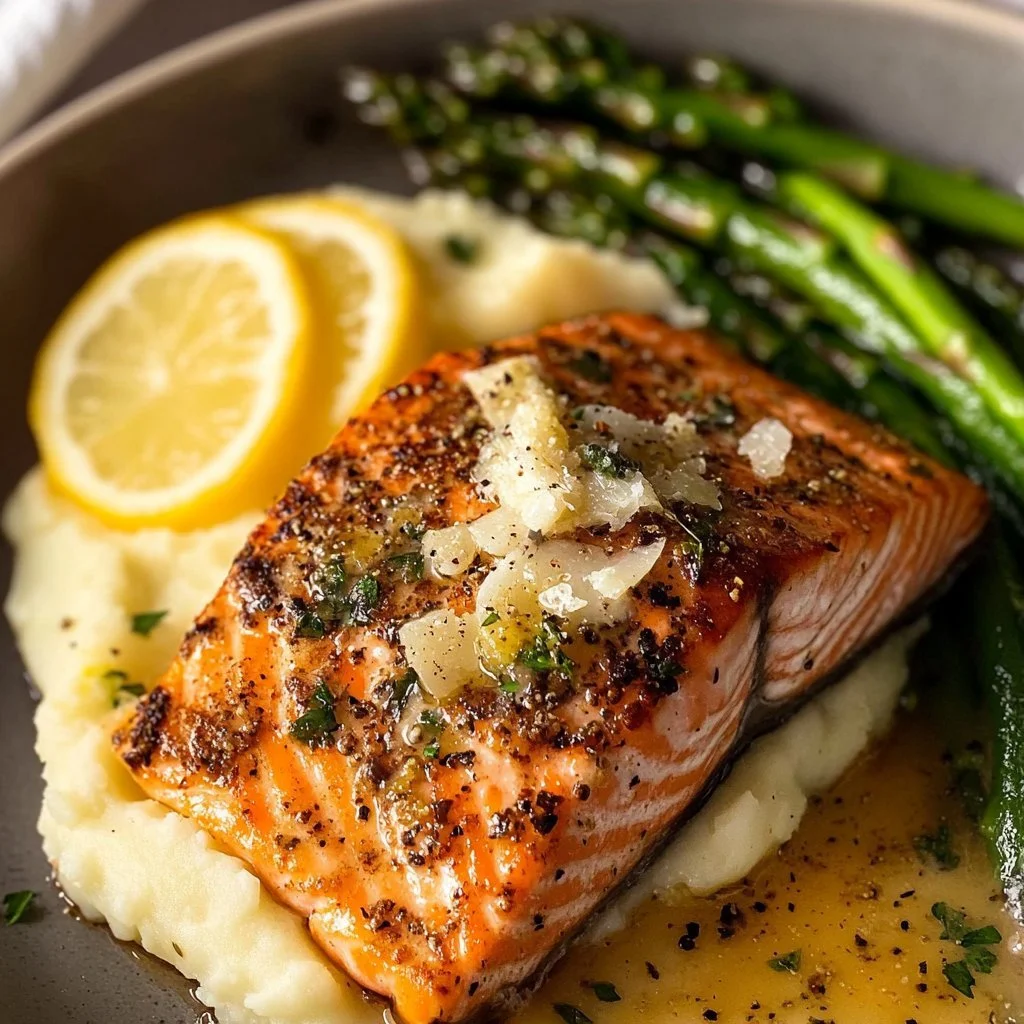 Gebratener Ofenlachs mit Knoblauch-Zitronenbutter auf einem Teller