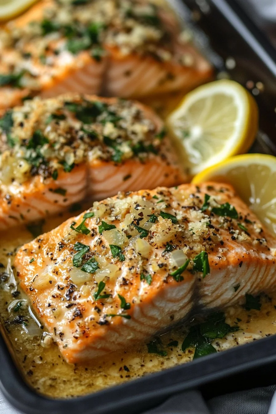 Lachs im Ofen mit cremiger Zitronen-Knoblauch-Sauce