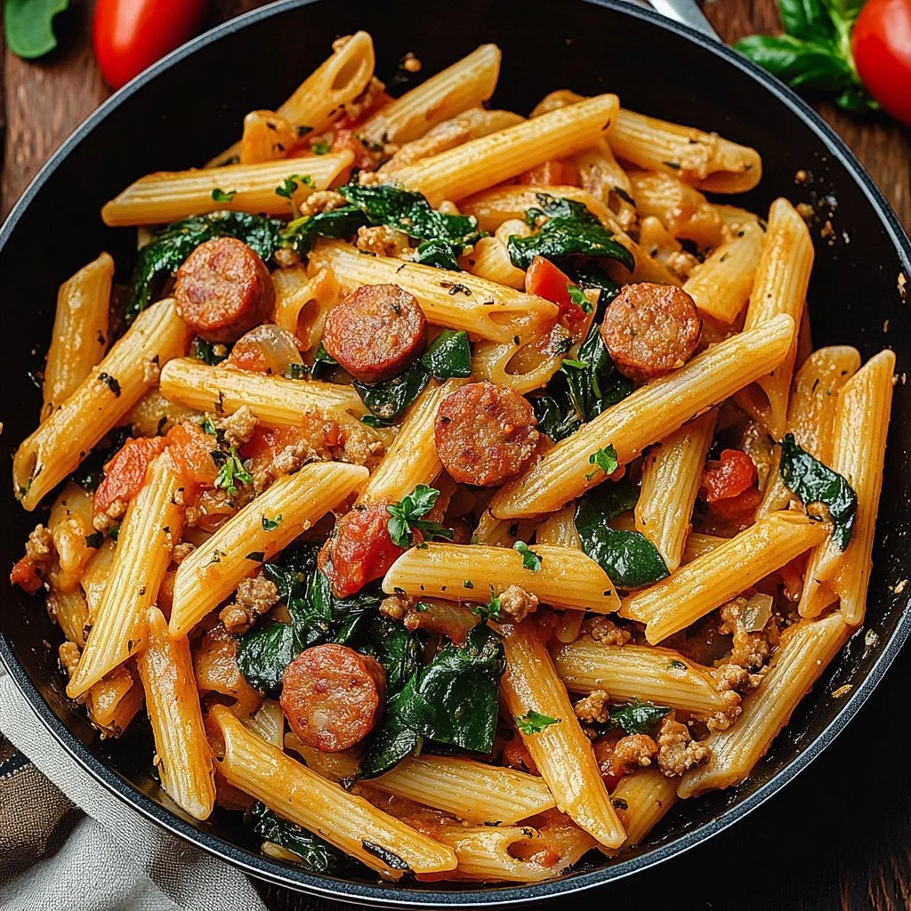 Pasta mit Cajun-Wurst auf einem Teller serviert