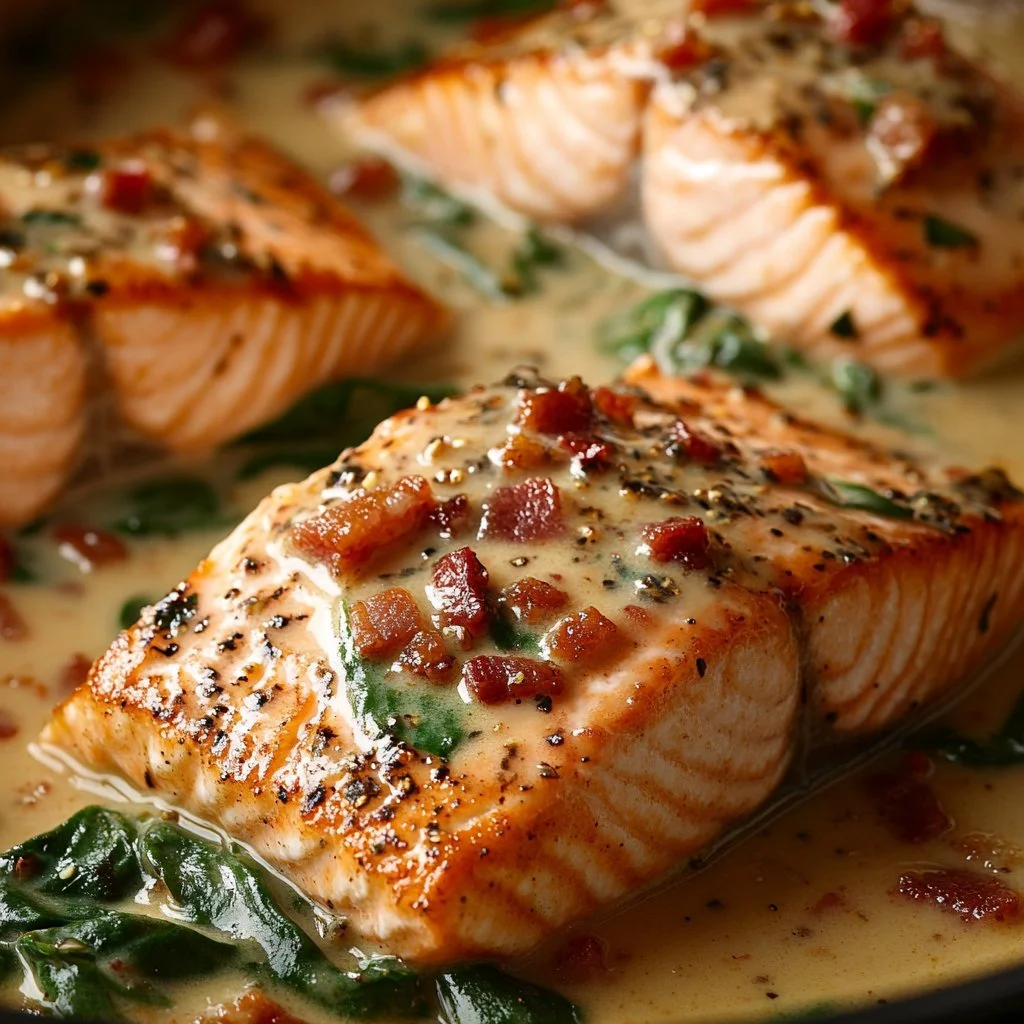 Cremiger toskanischer Lachs auf einem Teller mit frischen Kräutern