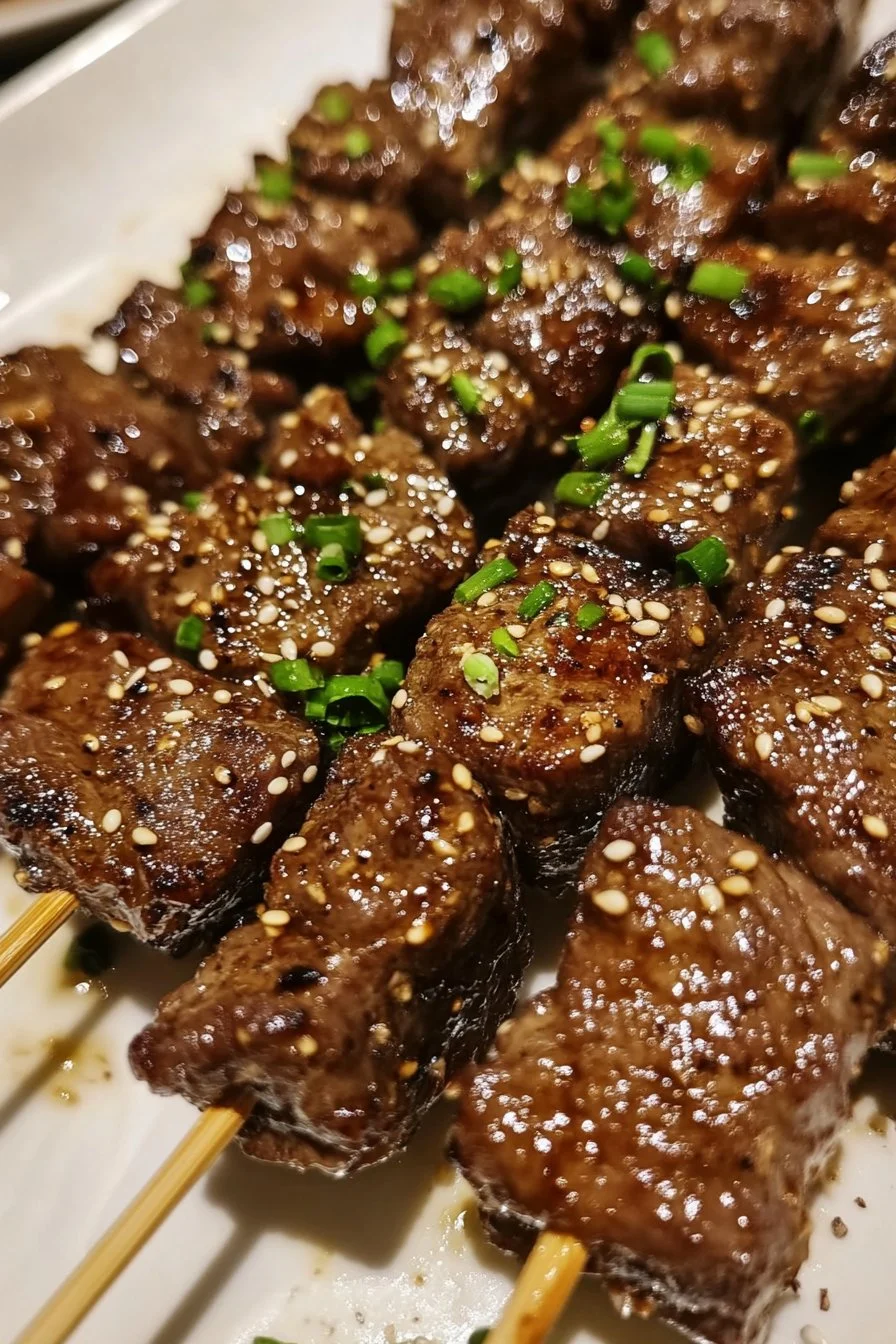 Rinderste skewers mit Teriyaki-Sauce und Sesam
