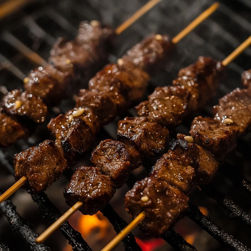Leckere Rinderste skewers mit Teriyaki-Sauce und Sesam auf einem Grill.