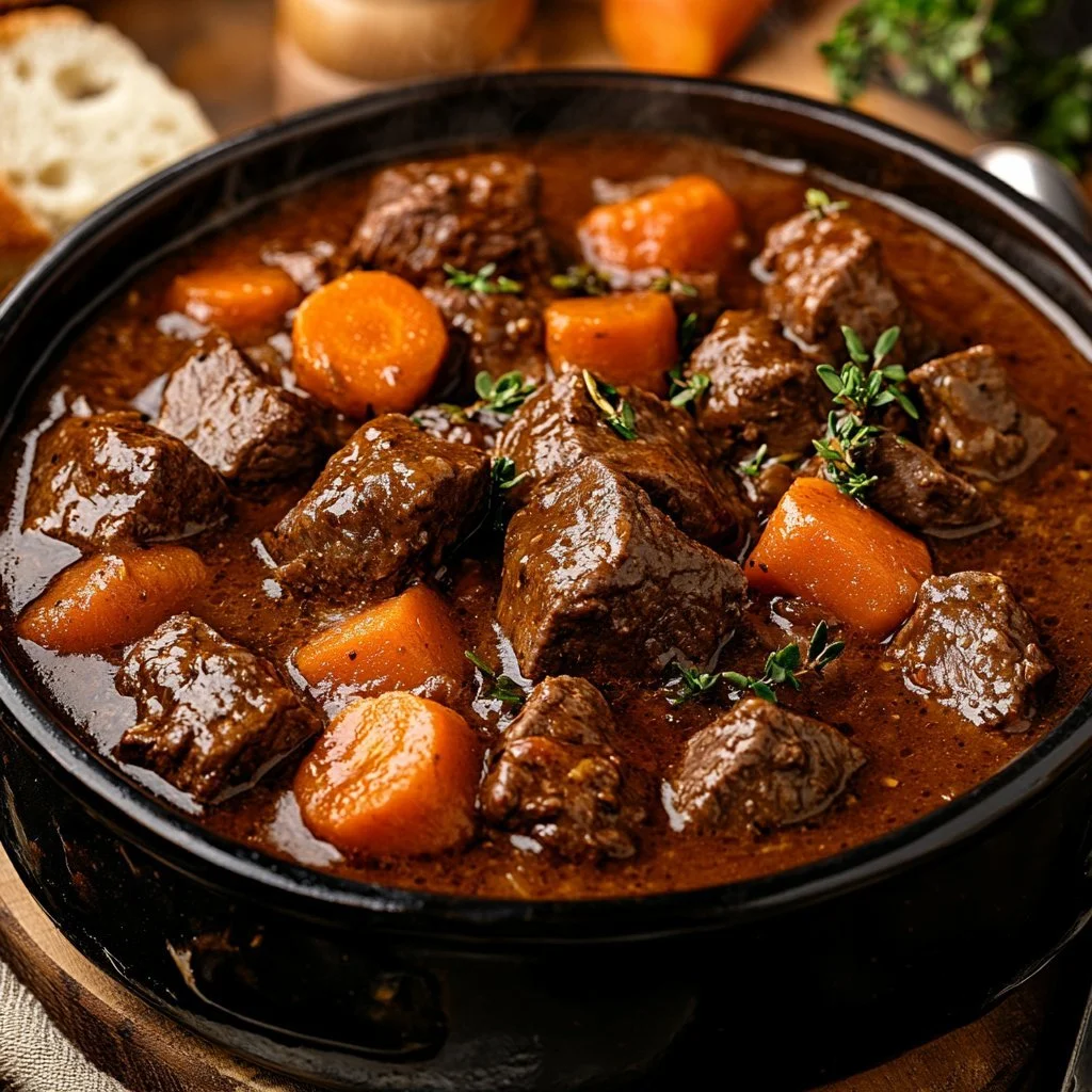 Rindfleischschmorbraten mit Bier serviert auf einem rustikalen Holzbrett.