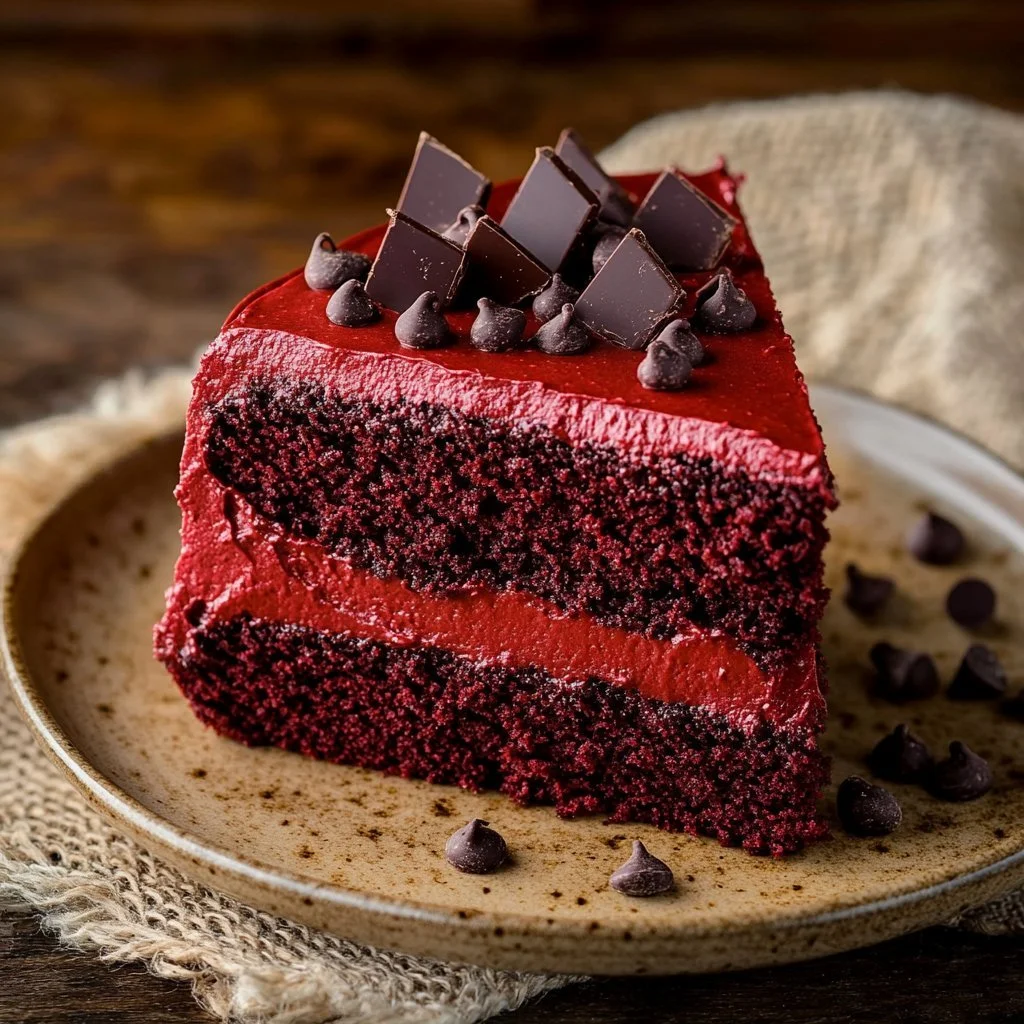 Rote-Bete- und Kakao-Kuchen auf einem Teller dekoriert mit Schokoladensauce