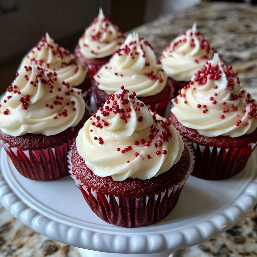 Dekorierte Rote Samt-Cupcakes auf einem eleganten Teller