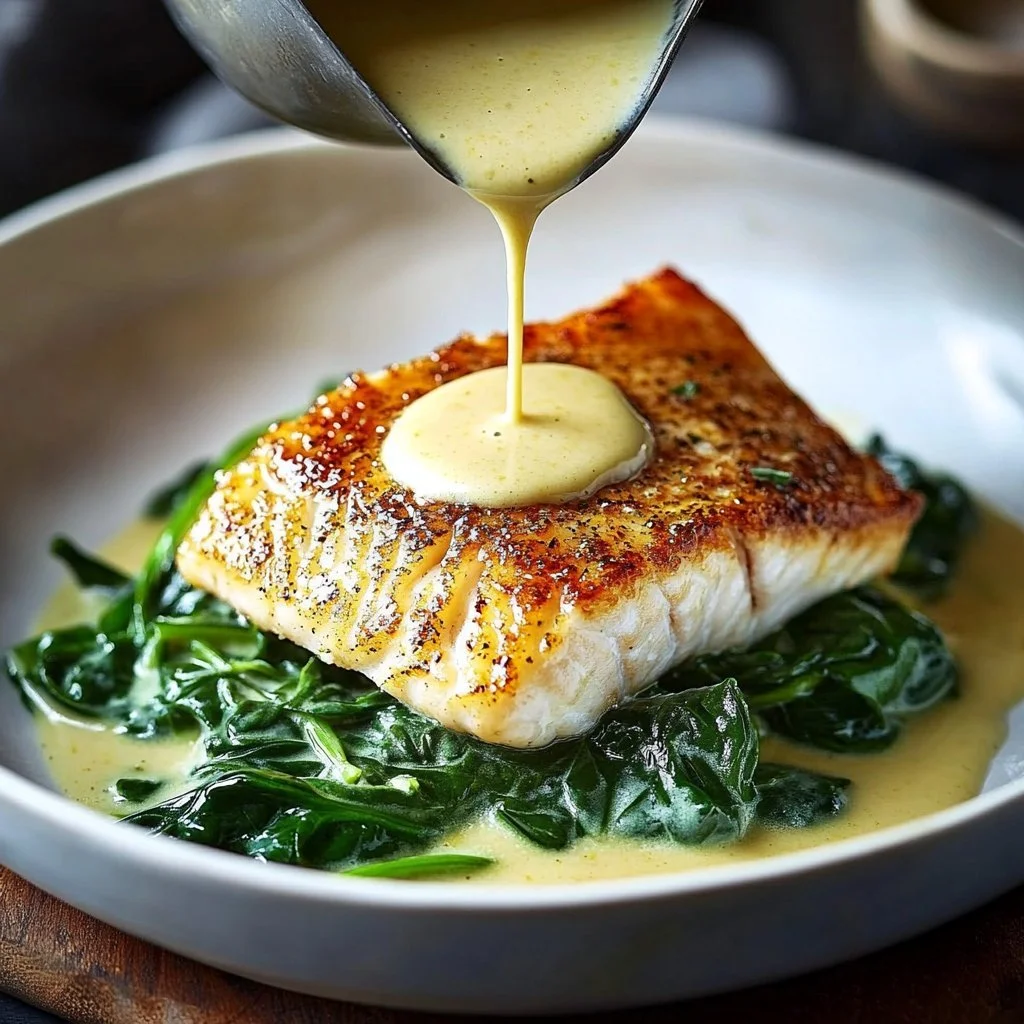 Saftige Dorade auf cremigem Spinat mit Zitrone und Knoblauch serviert