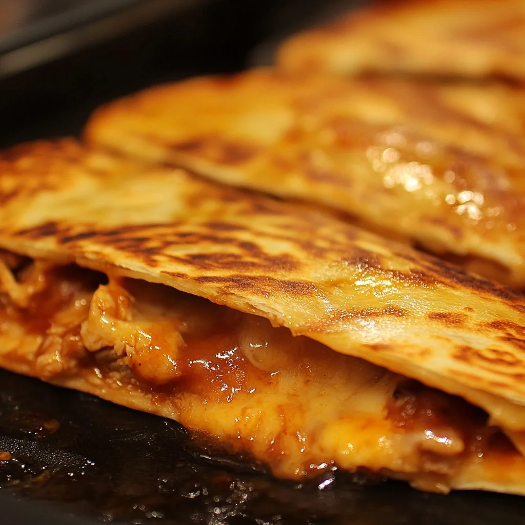 Scharfe BBQ-Hühnchen-Quesadillas auf einem Teller mit frischem Gemüse