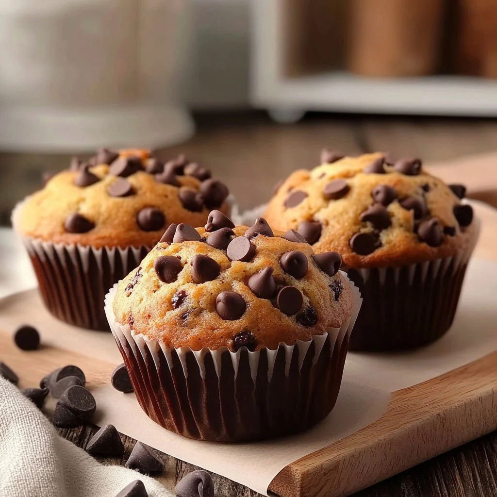 Schokoladenstückchen-Muffins frisch aus dem Ofen mit Schokoladenglasur.