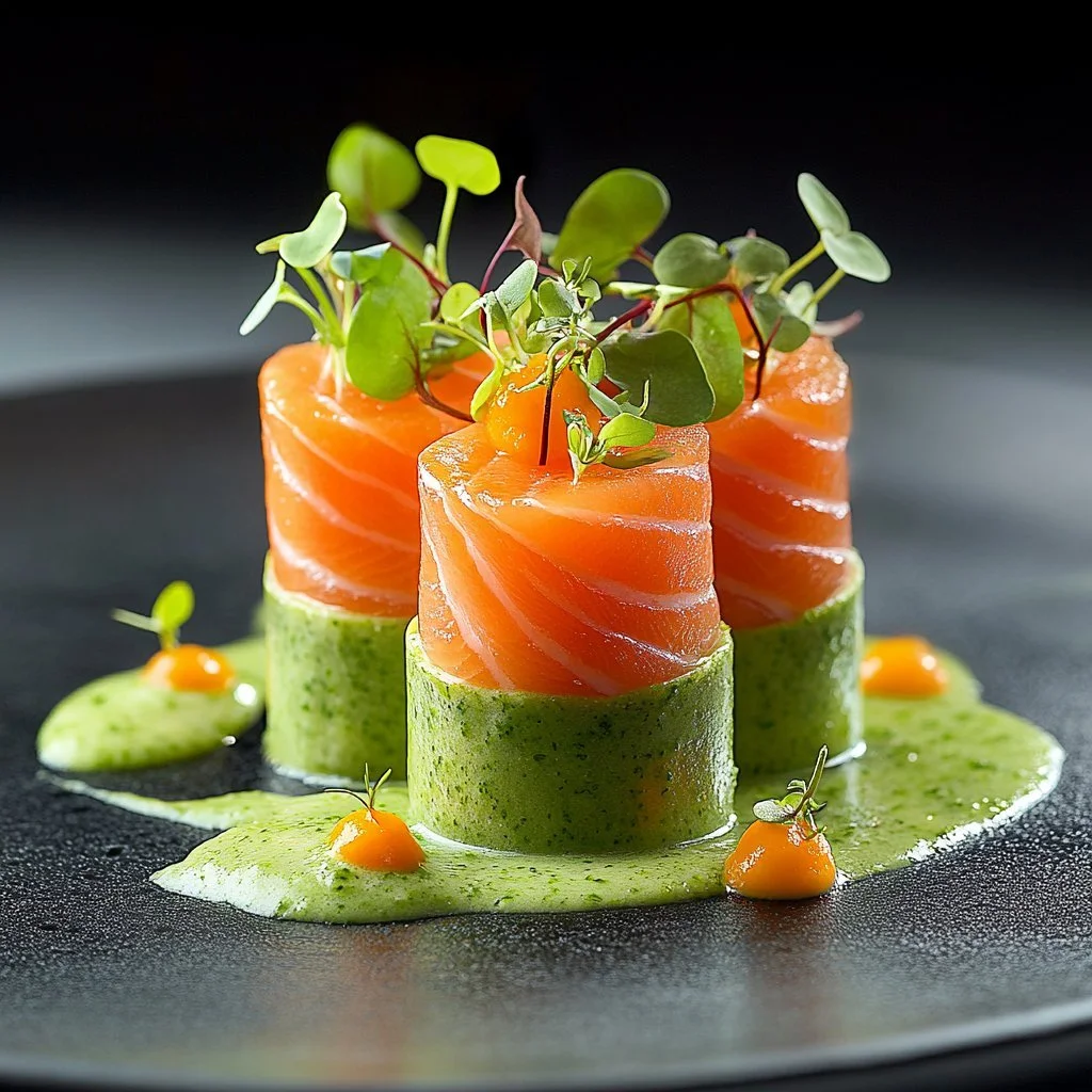 Spargelmousse mit Räucherlachs auf einem eleganten Teller serviert.
