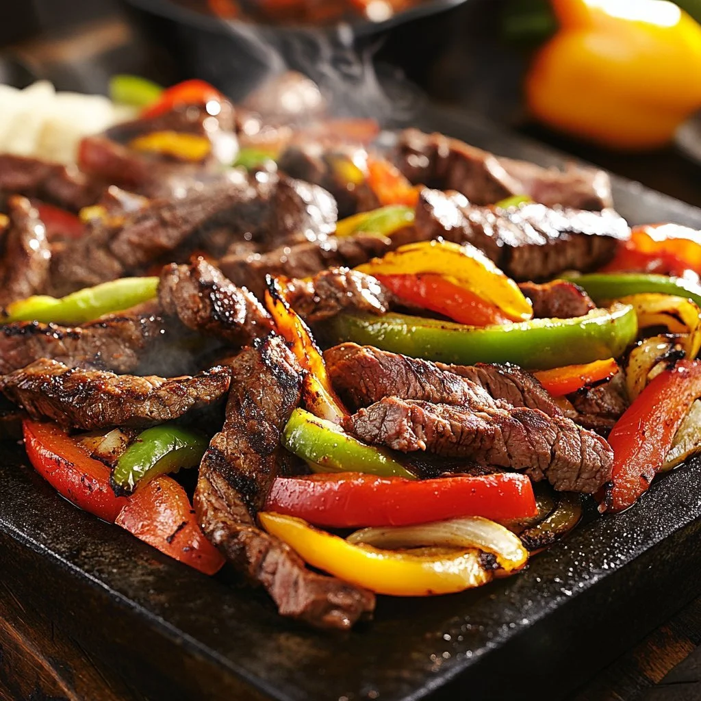 Saftige Steak-Fajitas zubereitet auf einem Blackstone Grill mit frischem Gemüse.