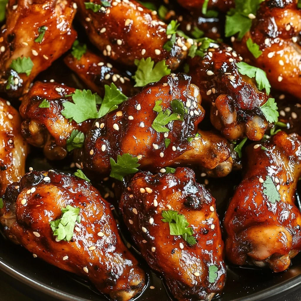 Süße und scharfe Hühnerflügel, frisch zubereitet auf einem Grill.