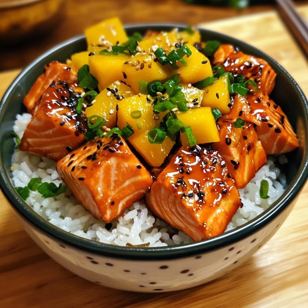 Teriyakilachs-Reisschüssel mit Mango und buntem Gemüse auf einem Teller serviert.