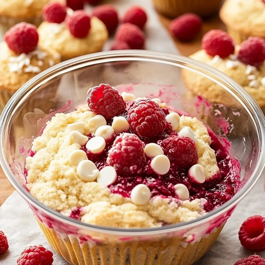 Leckere weiße Schokoladen- und Himbeermuffins auf einem Tisch.