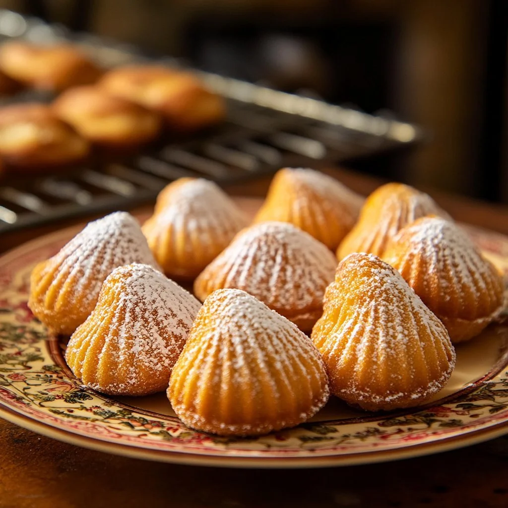 Französische Madeleines auf einem Teller, frisch gebacken und verziert.
