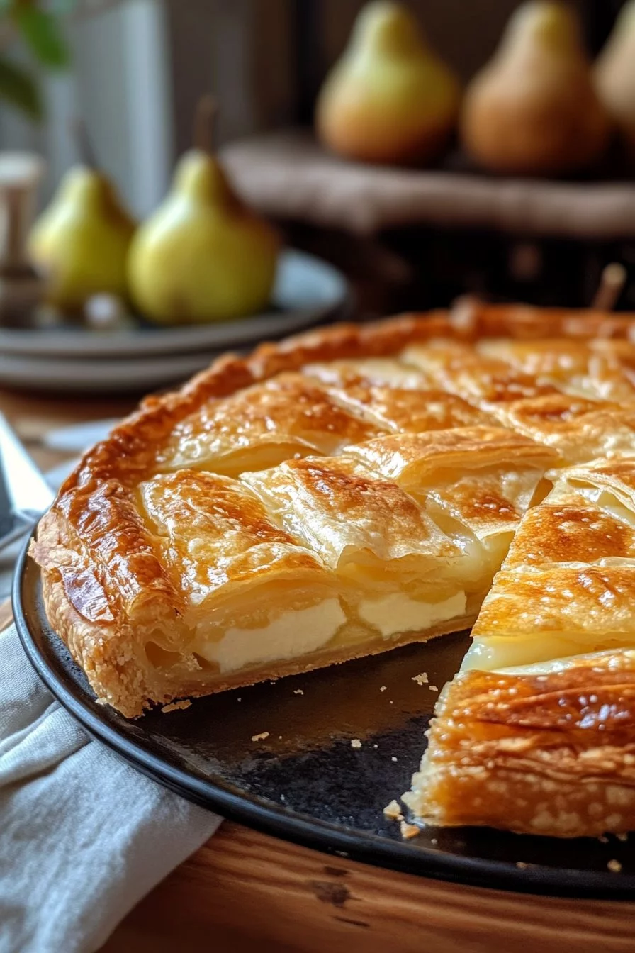 Blätterteigkuchen mit Käse und Birnen