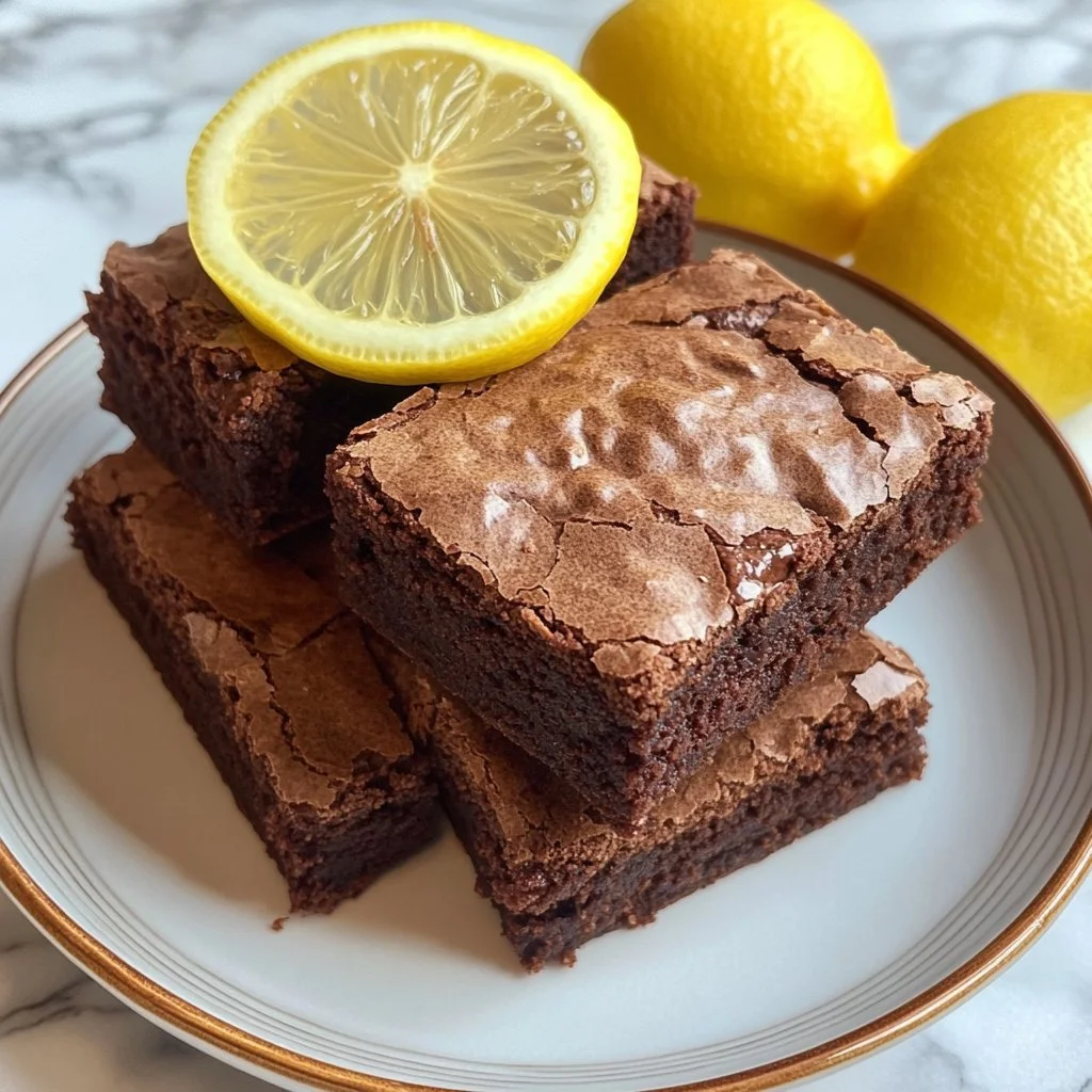 Saftige Zitronen-Brownies auf einem Teller, dekoriert mit Zitronenscheiben