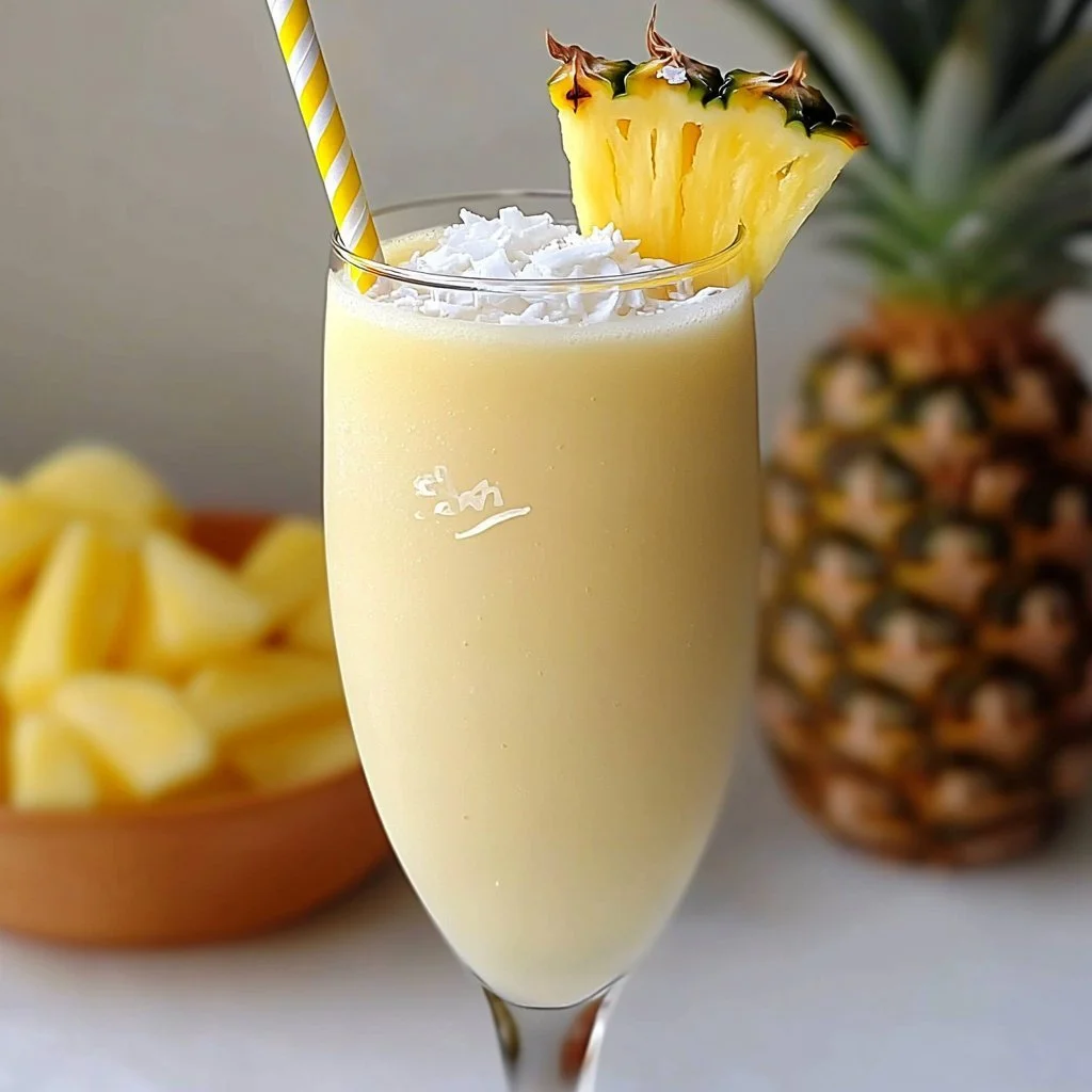 Erfrischende alkoholfreie Piña Colada in einem Glas mit Ananas und Kokosnuss