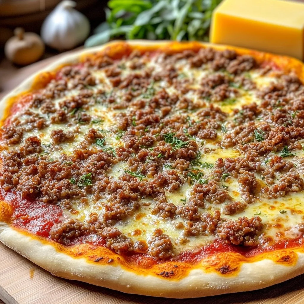 Leckere Amerikanische Pizza mit Hackfleisch und Käse, frisch gebacken