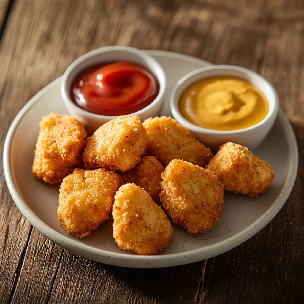 Köstliche Backofenhähnchen-Nuggets auf einem Teller serviert