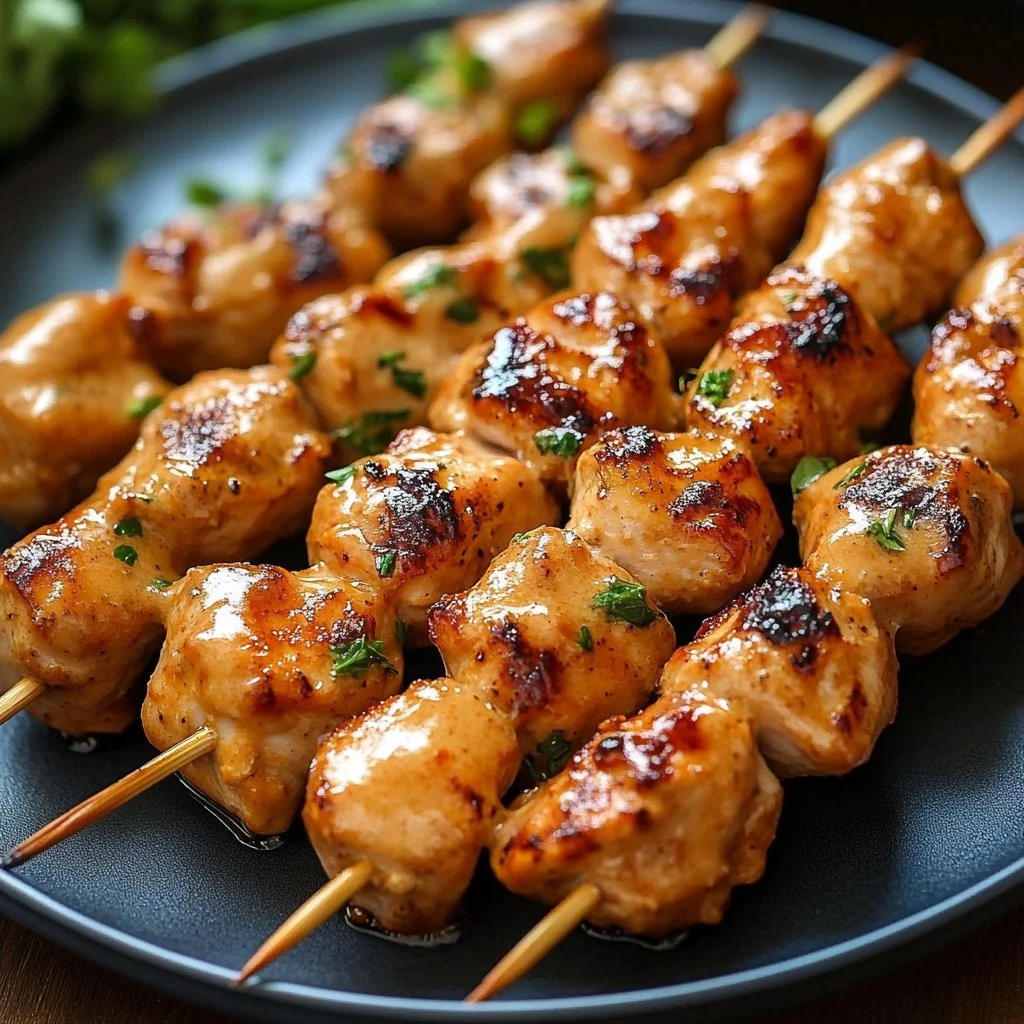 Köstliche Bang Bang Hähnchenspieße, serviert auf einem Grill-Teller