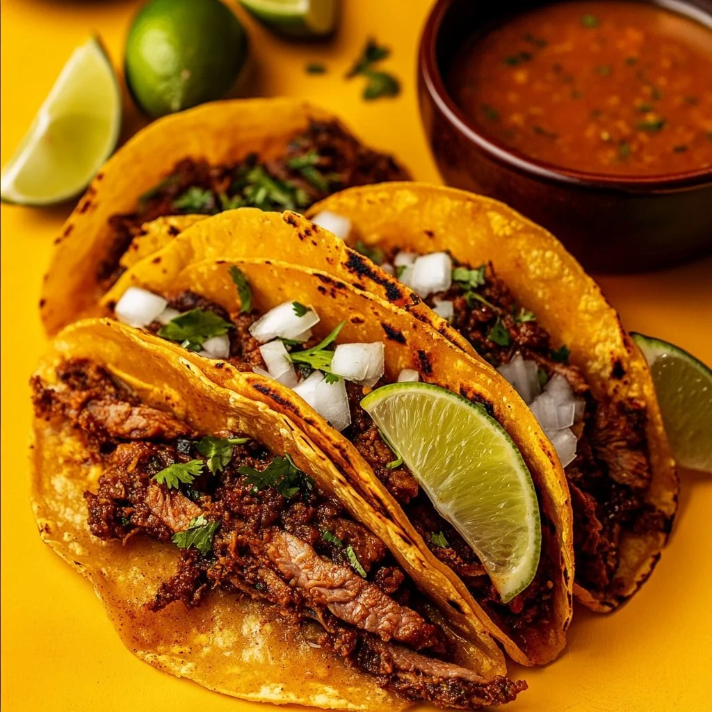 Birria Tacos auf einem Teller mit frischen Zutaten und Soße