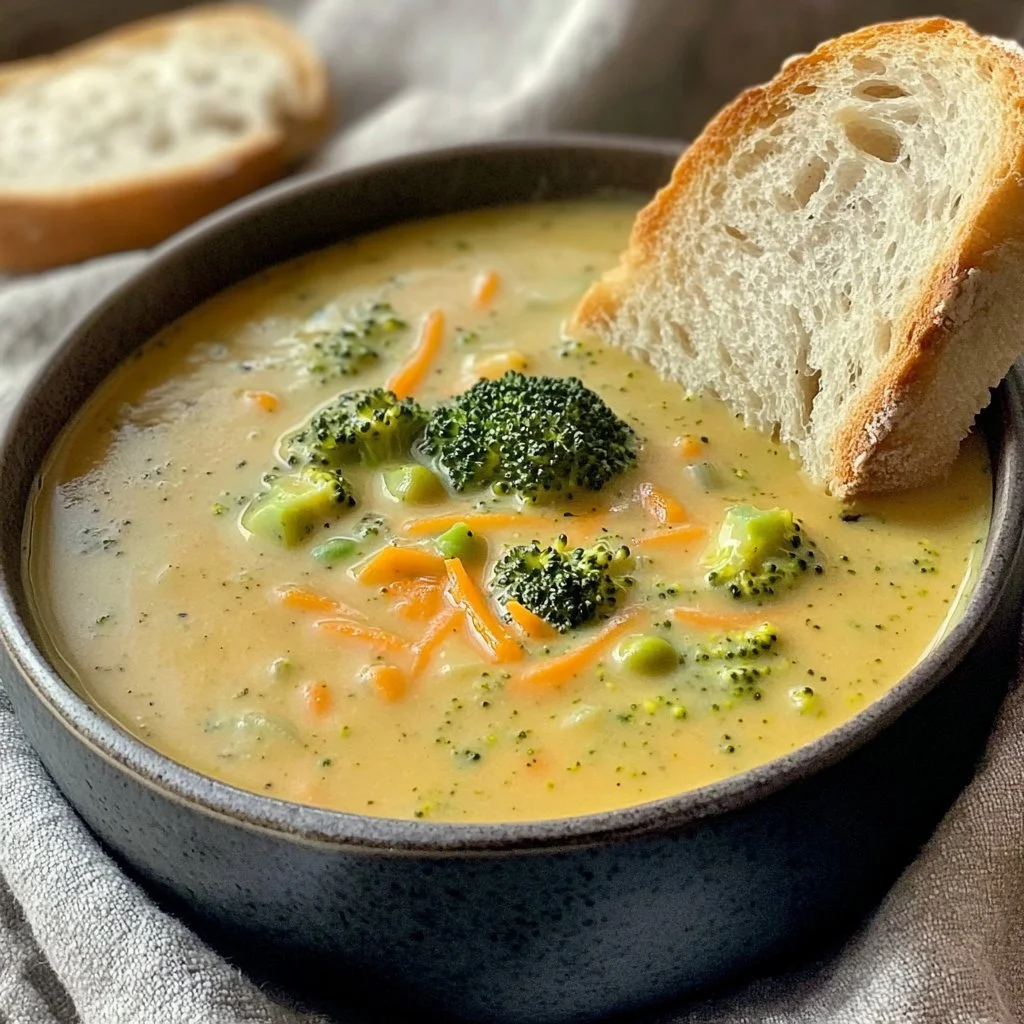 Cremige Brokkoli-Cheddar-Suppe in einer Schüssel mit frischem Brot