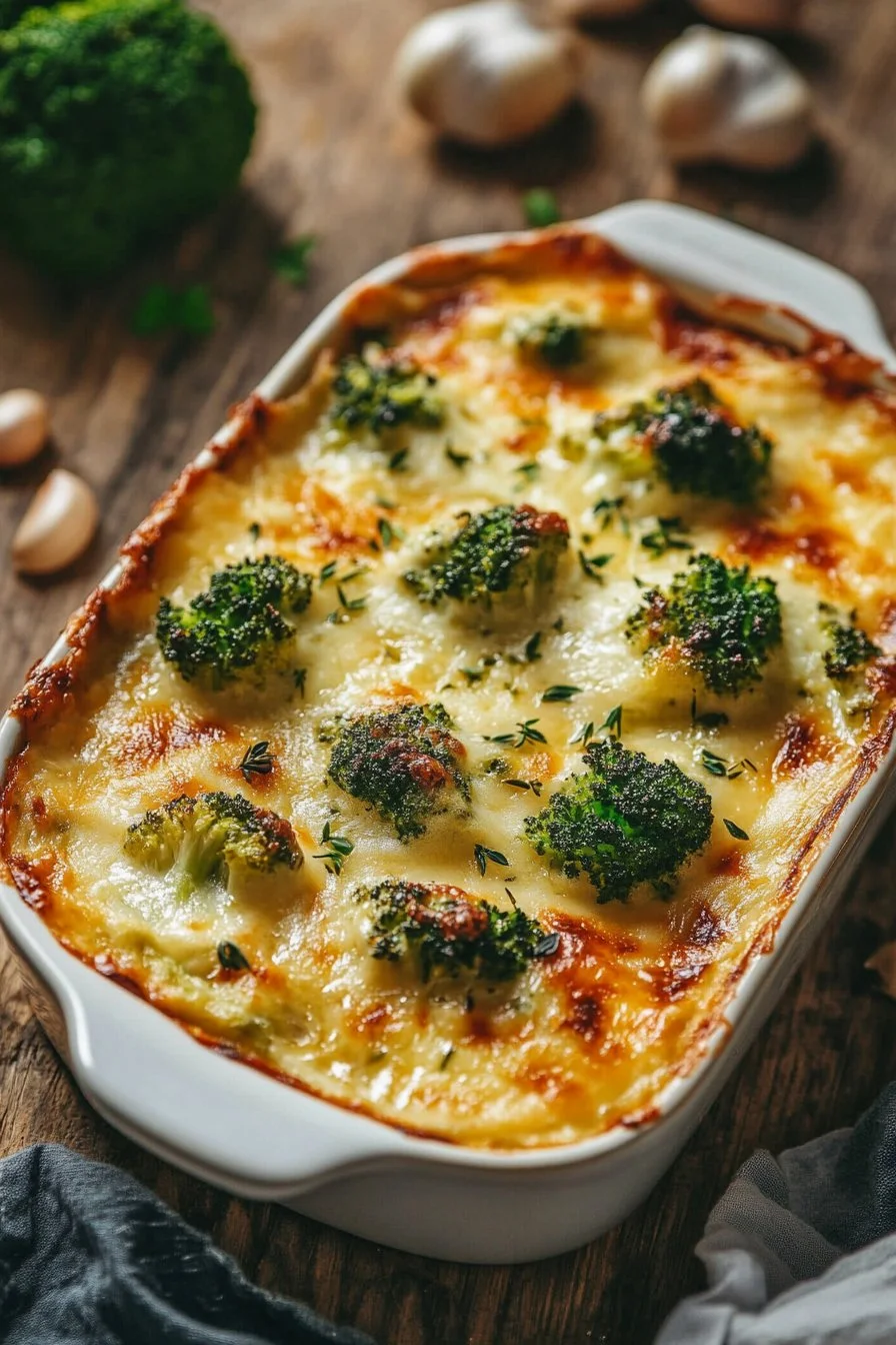 Brokkoli mit Knoblauch-Almondsauce überbacken