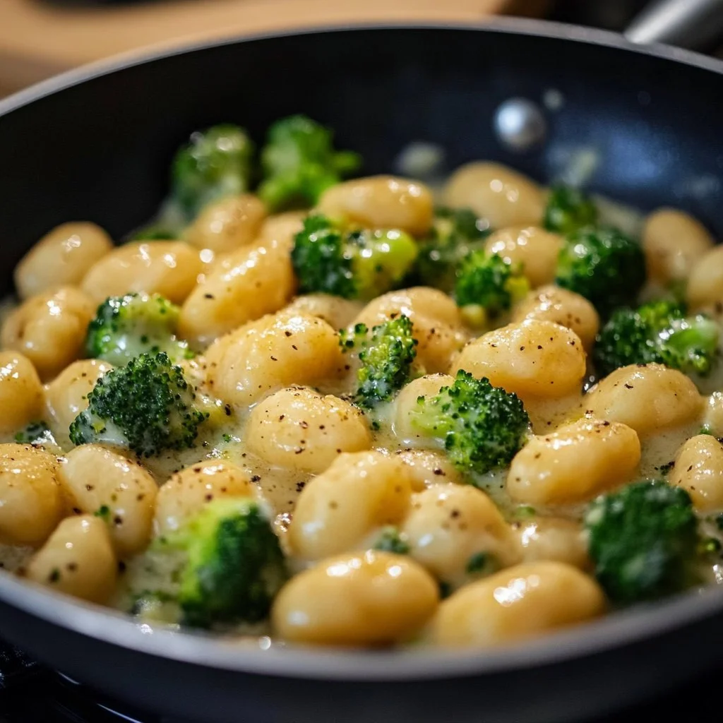 Cremige Gnocchi in Brokkoli-Sahnesauce auf einem Teller serviert.