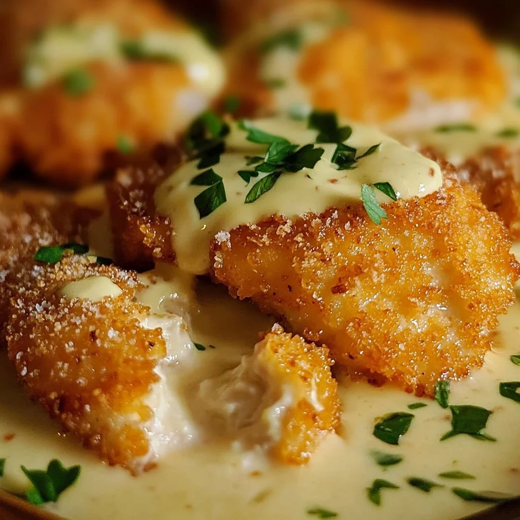 Cremiges Parmesan-Hähnchen auf einem Teller serviert