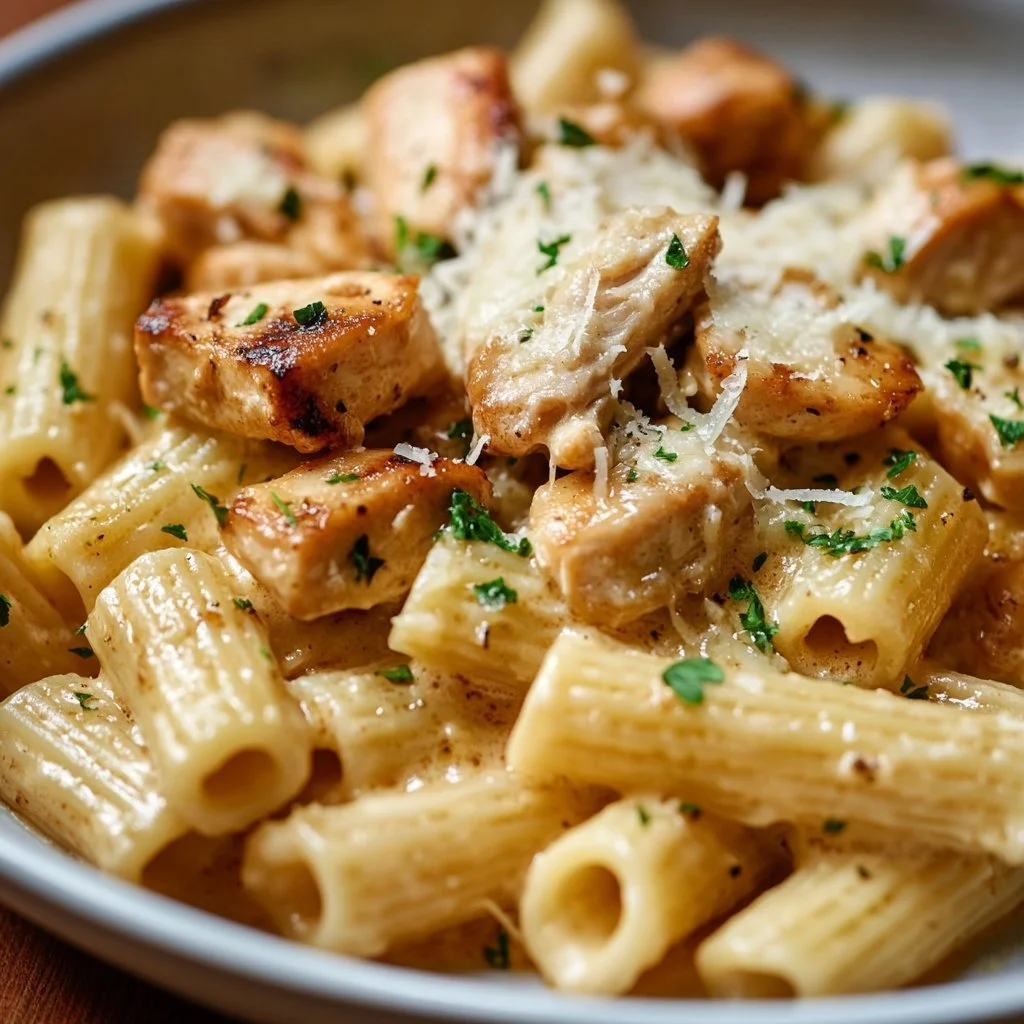 Cremige Pasta mit Hähnchen, serviert in einer weißen Schüssel
