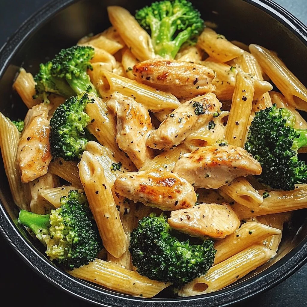 Cremige Pasta mit Hähnchen und Brokkoli auf einem Teller