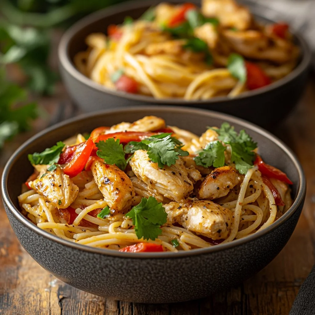 Cremige Pasta mit Hähnchen und Chipotle in einer Schüssel serviert