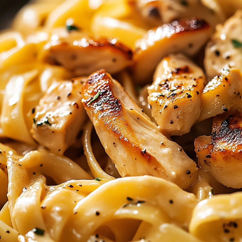 Cremige Pasta mit Hühnchen auf einem Teller serviert