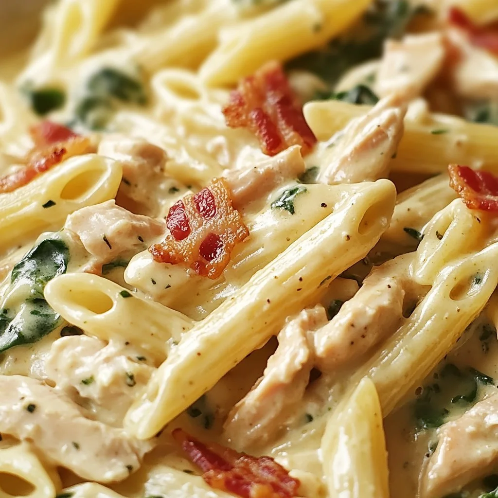 Cremige Pesto-Hühnchen-Pasta aus einem Topf in einer schönen Servierschüssel.