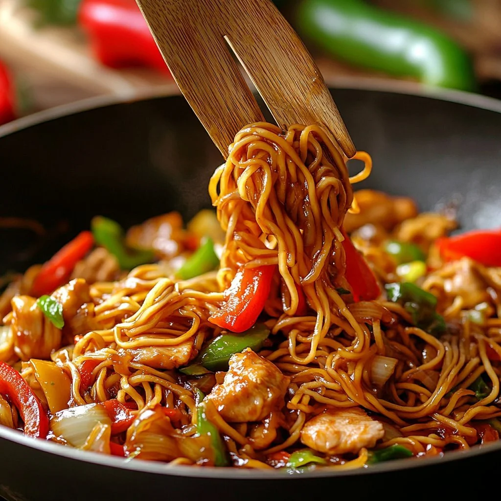 Leckeres Chicken Chow Mein auf einem Teller serviert mit frischem Gemüse.