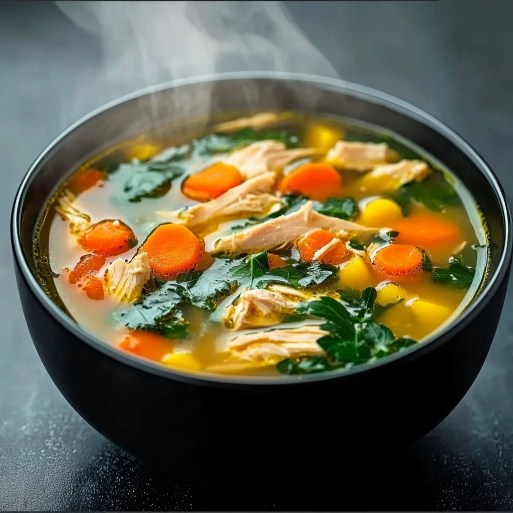 Schüssel mit entzündungshemmender Hühnersuppe, gesund und lecker.
