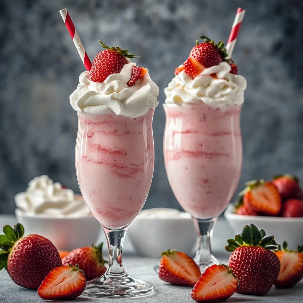 Erdbeer-Milchshake mit frischen Erdbeeren und Sahne in einem Glas